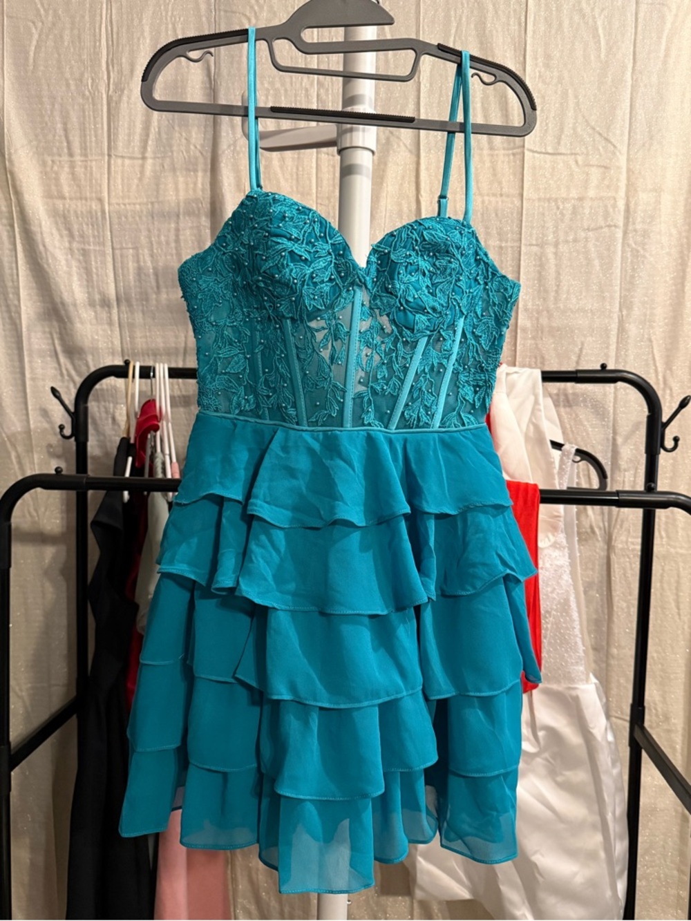 Turquoise Tiered Ruffle Cocktail Dress